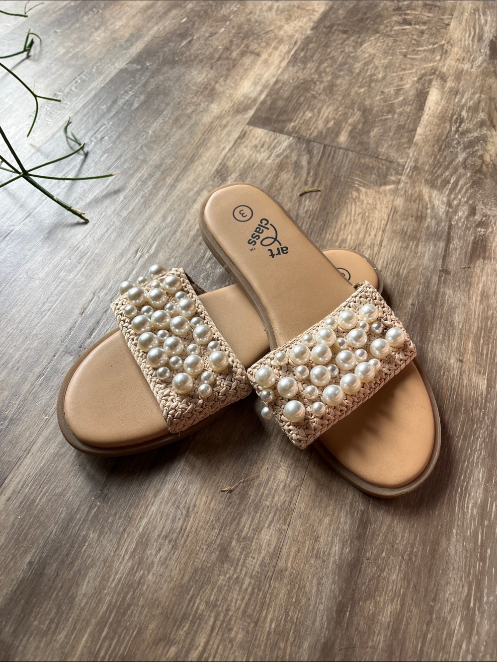 art class Nude Pearl-Embellished Braided Slide Sandals